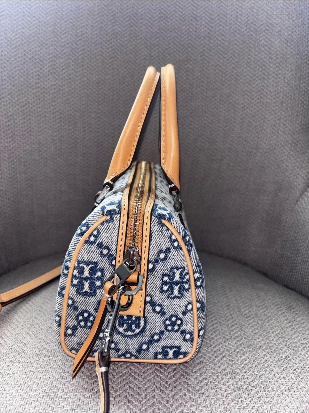 Tory Burch T Monogram Denim Mini Barrel Bag